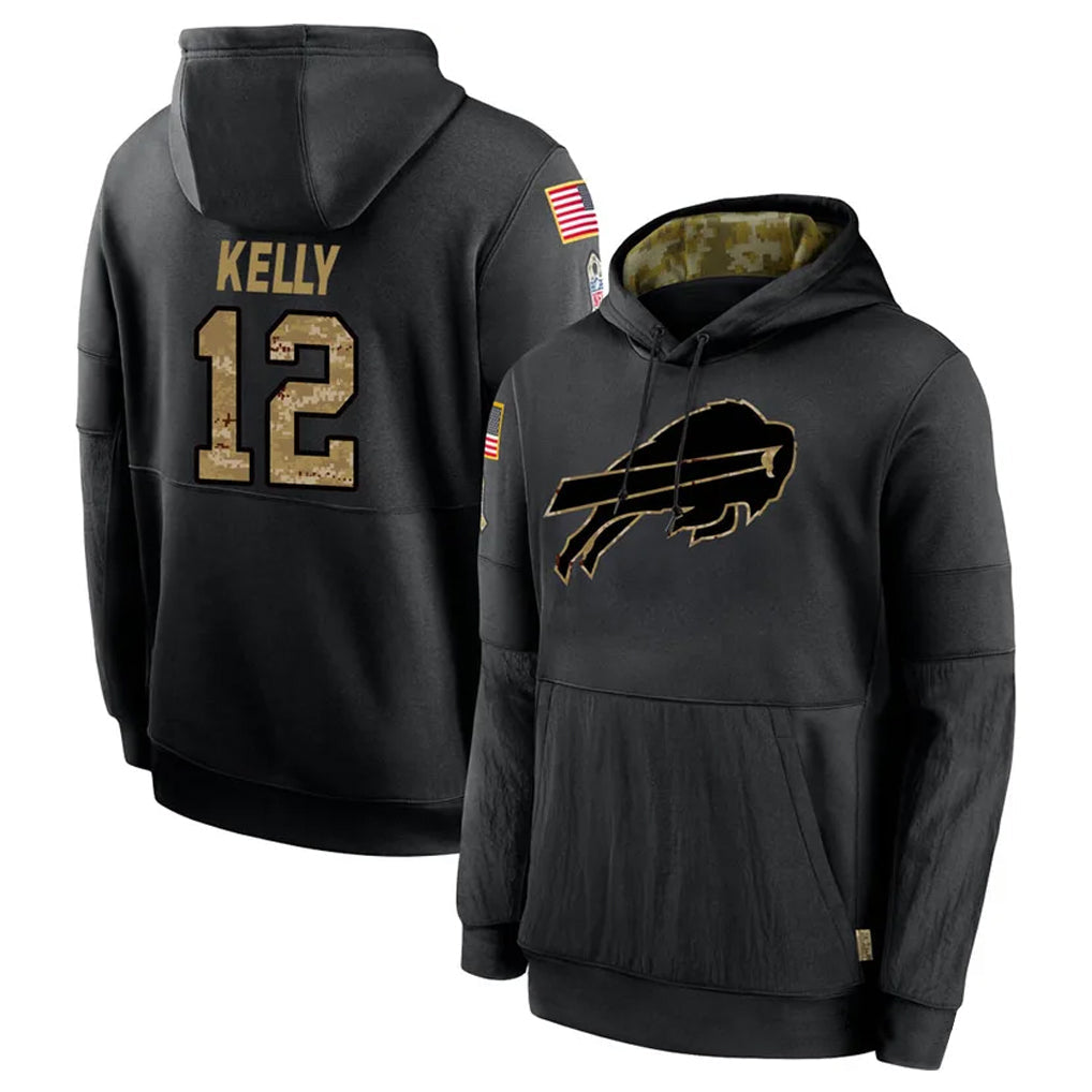 BIPIHUC B.Bills #12 Jim Kelly Player Black Salute to Service Hoodies Hame Stitched Jerseys