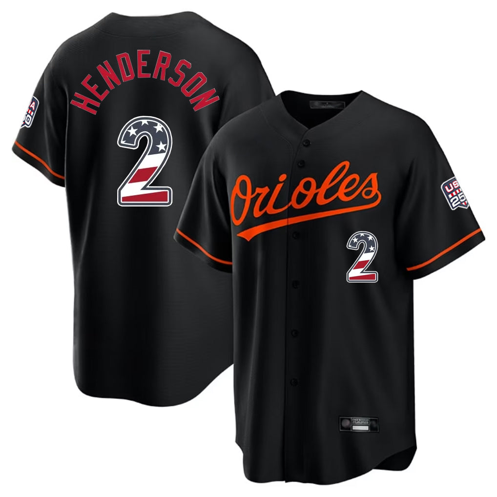BIPIHUC B.Orioles #2 Gunnar Henderson Player Black USA 250 Fourth of July Home Game Stitched Jerseys