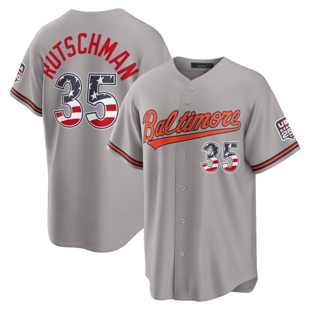 BIPIHUC B.Orioles #35 Adley Rutschman Gray USA 250 Fourth of July Road Stadium Jersey