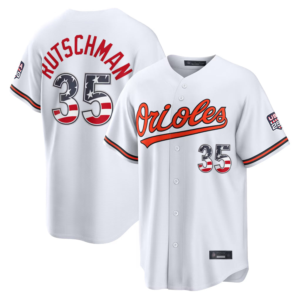 BIPIHUC B.Orioles #35 Adley Rutschman Player White USA 250 Fourth of July Home Game Stitched Jerseys