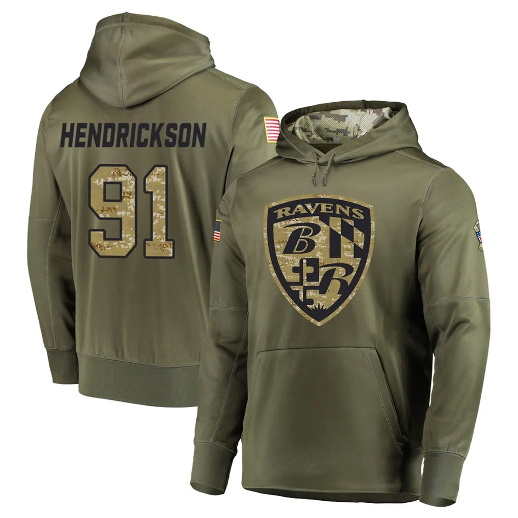 BIPIHUC B.Ravens #91 Trey Hendrickson Player Olive Salute to Service Pullover Hoodie Stitched Jerseys
