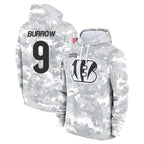 BIPIHUC C.Bengals #9 Joe Burrow Player Arctic Camo Salute to Service Pullover Hoodie Stitched Jerseys