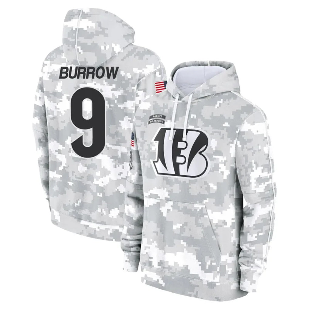 BIPIHUC C.Bengals #9 Joe Burrow Player Arctic Camo Salute to Service Pullover Hoodie Stitched Jerseys