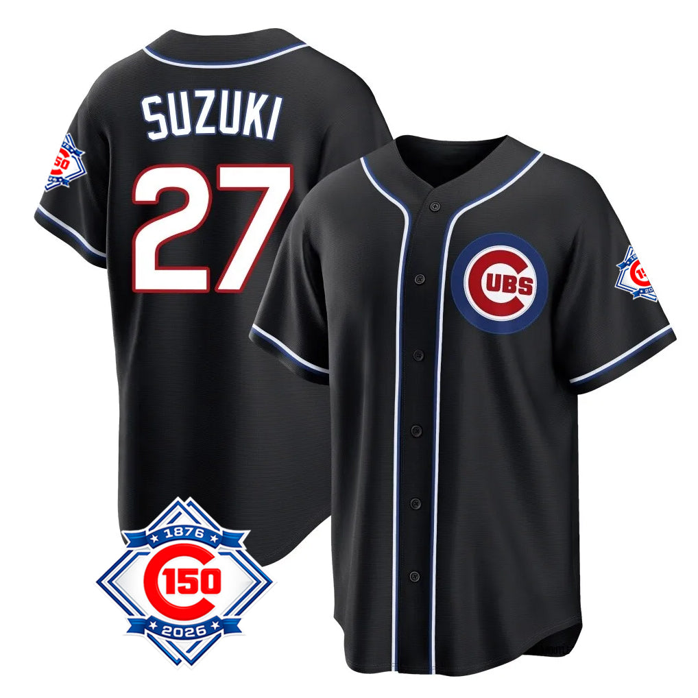 BIPIHUC C.Cubs #27 Seiya Suzuki Player Black Fashion Out 150th Anniversary Game Stitched Jerseys