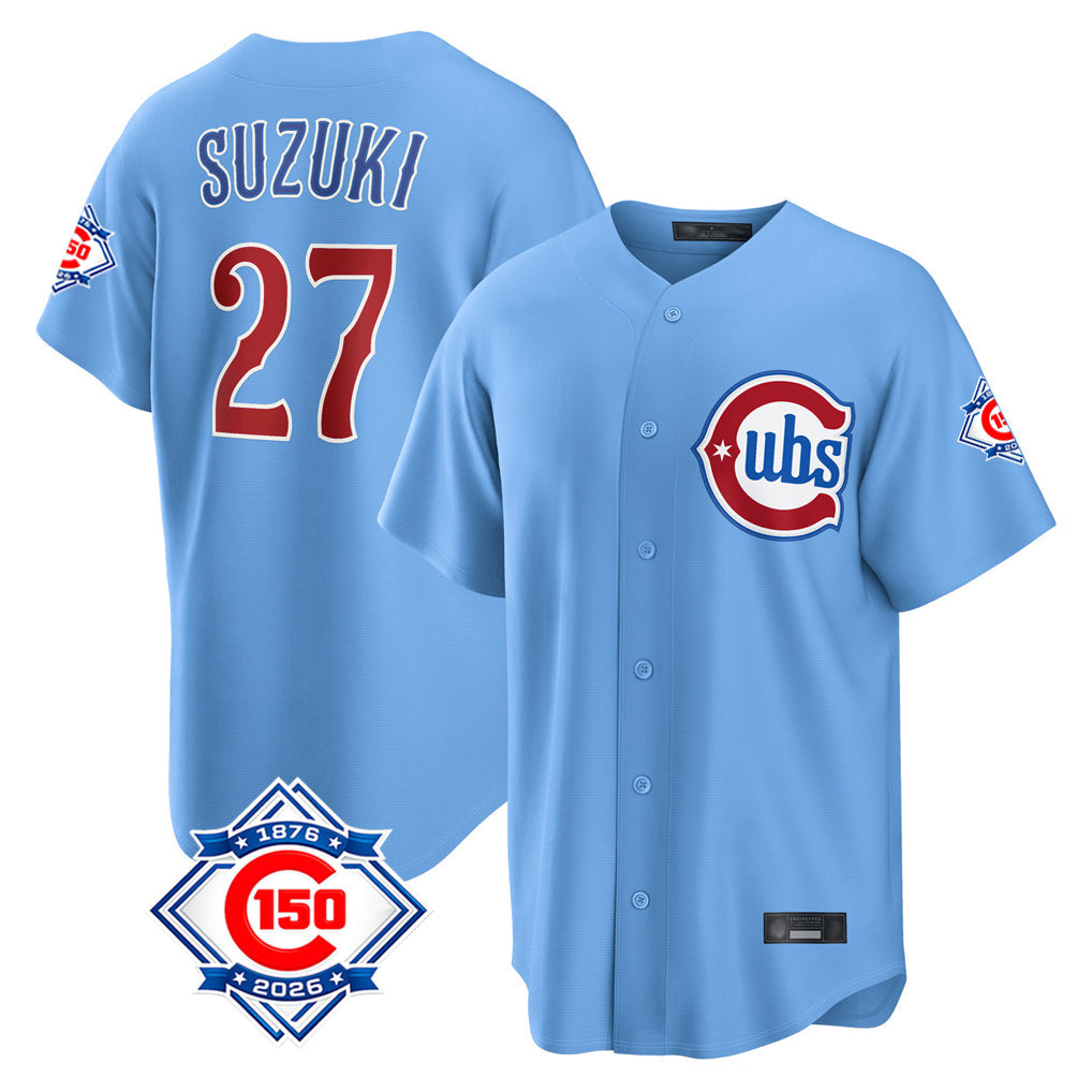 BIPIHUC C.Cubs #27 Seiya Suzuki Player Light Blue 150th Anniversary Home Game Stitched Jerseys