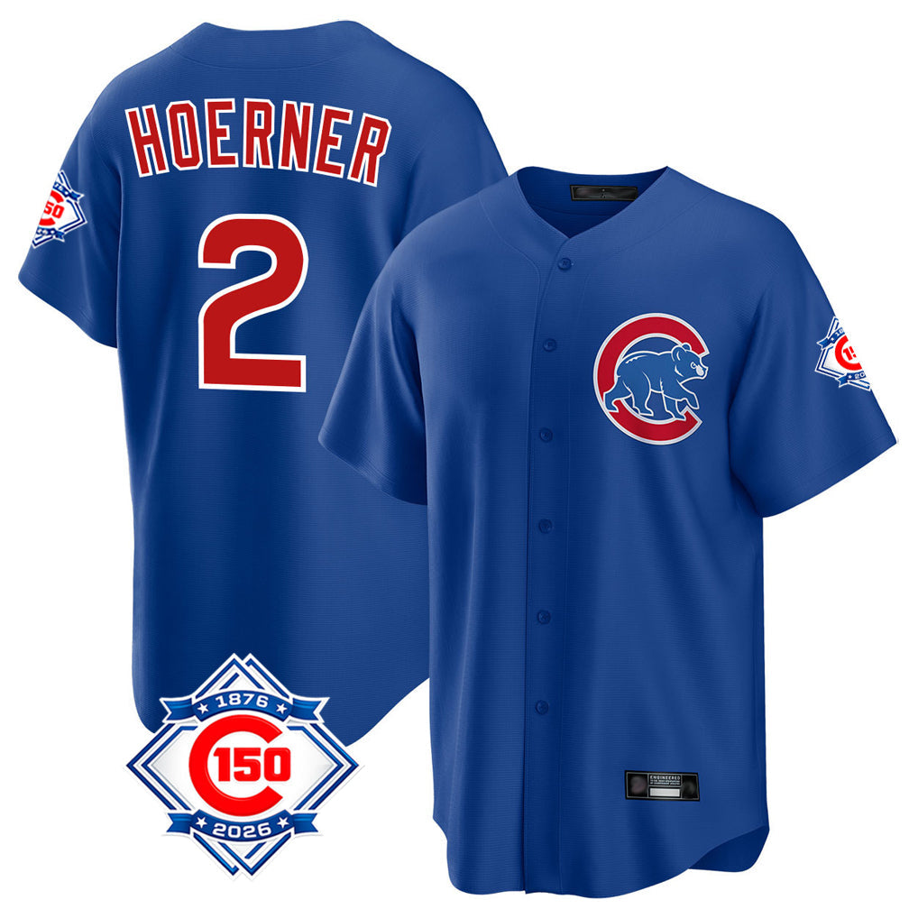 BIPIHUC C.Cubs #2 Nico Hoerner Player Royal 150th Anniversary Home Game Stitched Jerseys