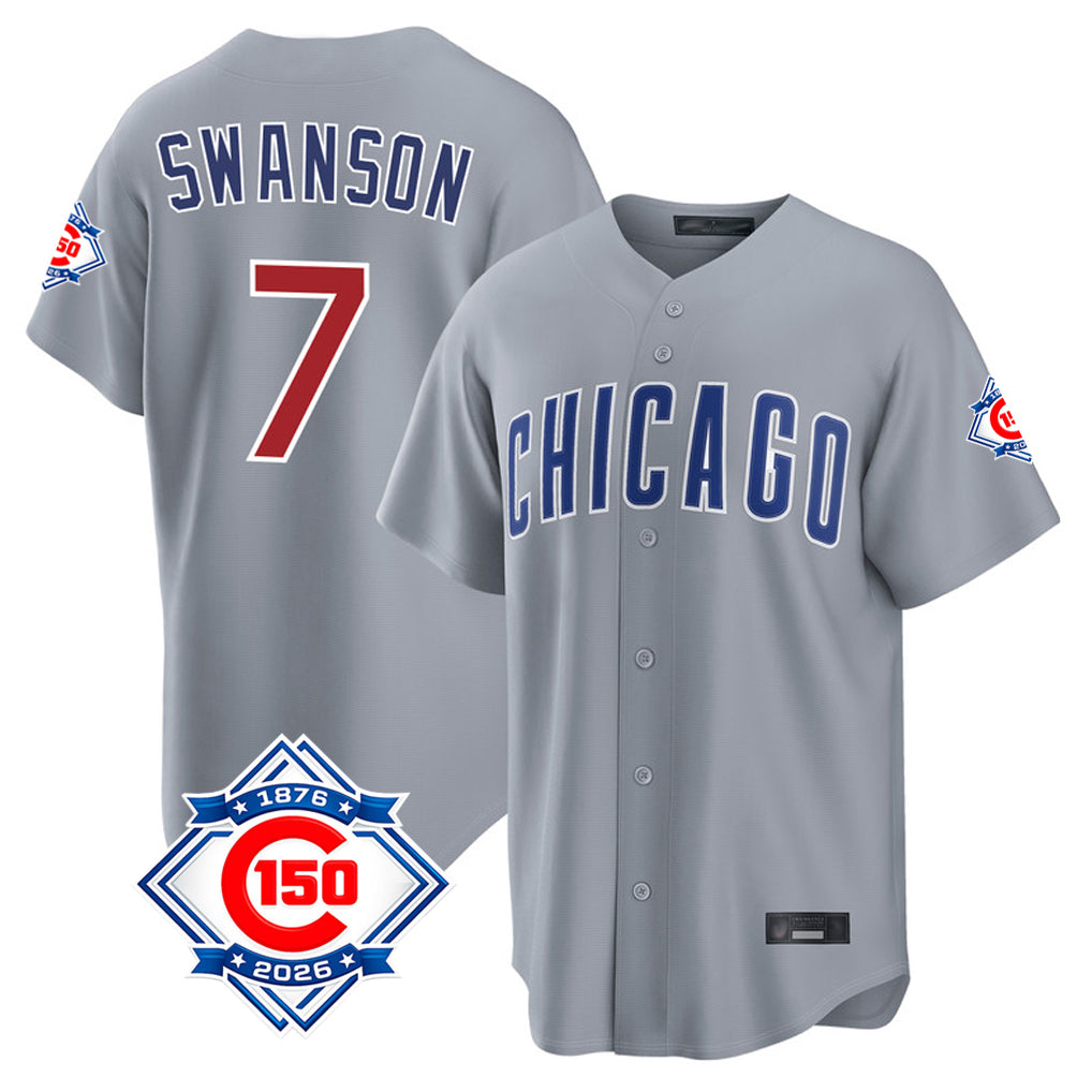 BIPIHUC C.Cubs #7 Dansby Swanson Player Gray 150th Anniversary Home Game Stitched Jerseys
