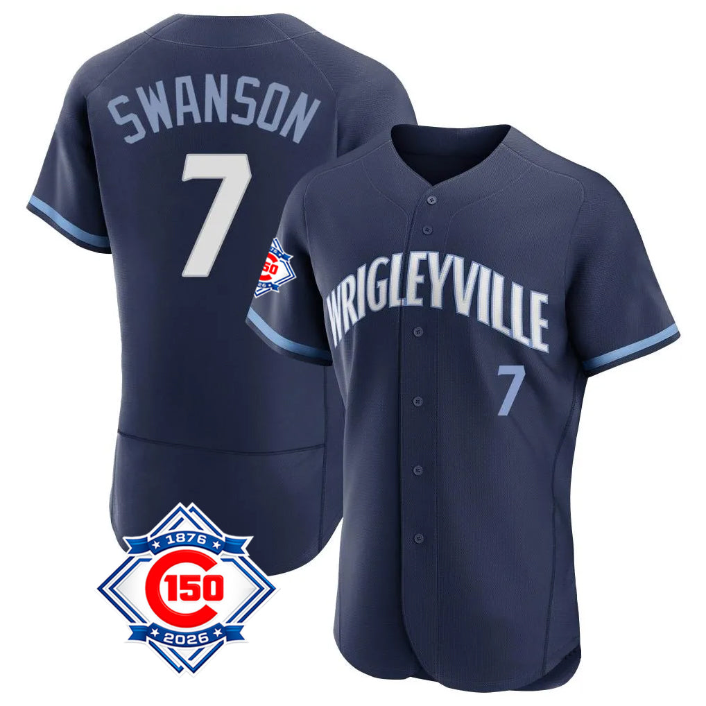 BIPIHUC C.Cubs #7 Dansby Swanson Player Navy City Connect 150th Anniversary Limited Elite Home Stitched Jerseys