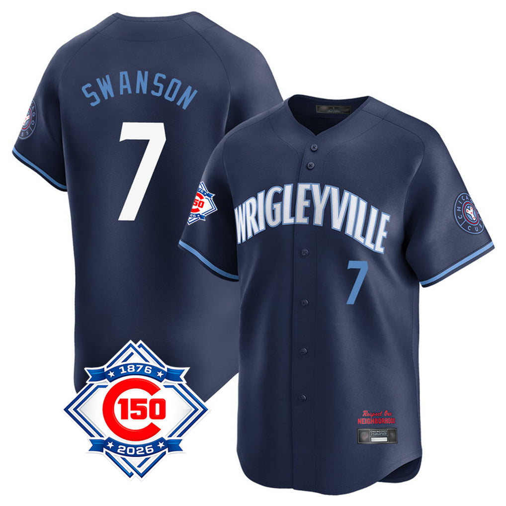 BIPIHUC C.Cubs #7 Dansby Swanson Player Navy City Connect 150th Anniversary Limited Home Stitched Jerseys