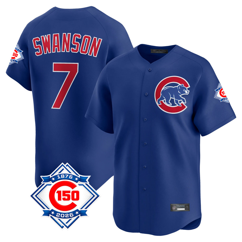 BIPIHUC C.Cubs #7 Dansby Swanson Player Royal 150th Anniversary Limited Home Stitched Jerseys