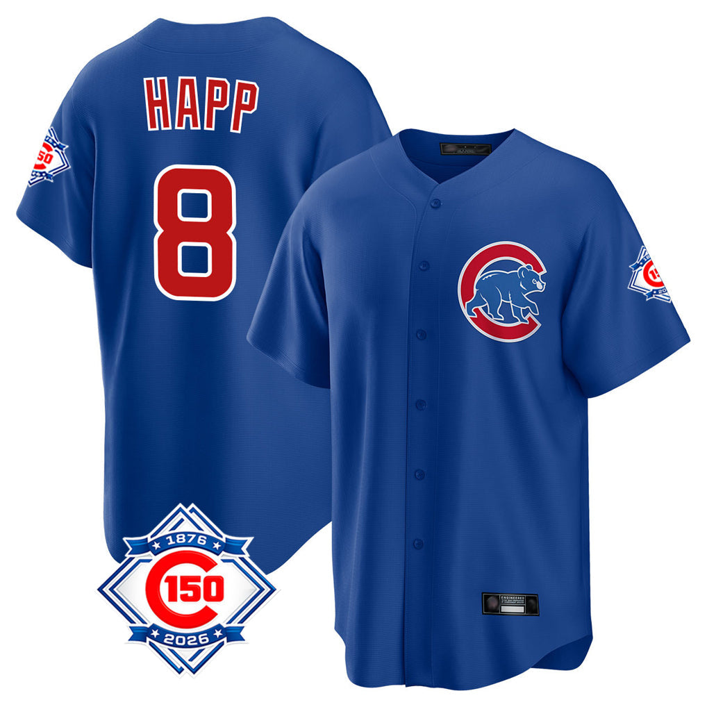 BIPIHUC C.Cubs #8 Ian Happ Player Royal 150th Anniversary Home Game Stitched Jerseys