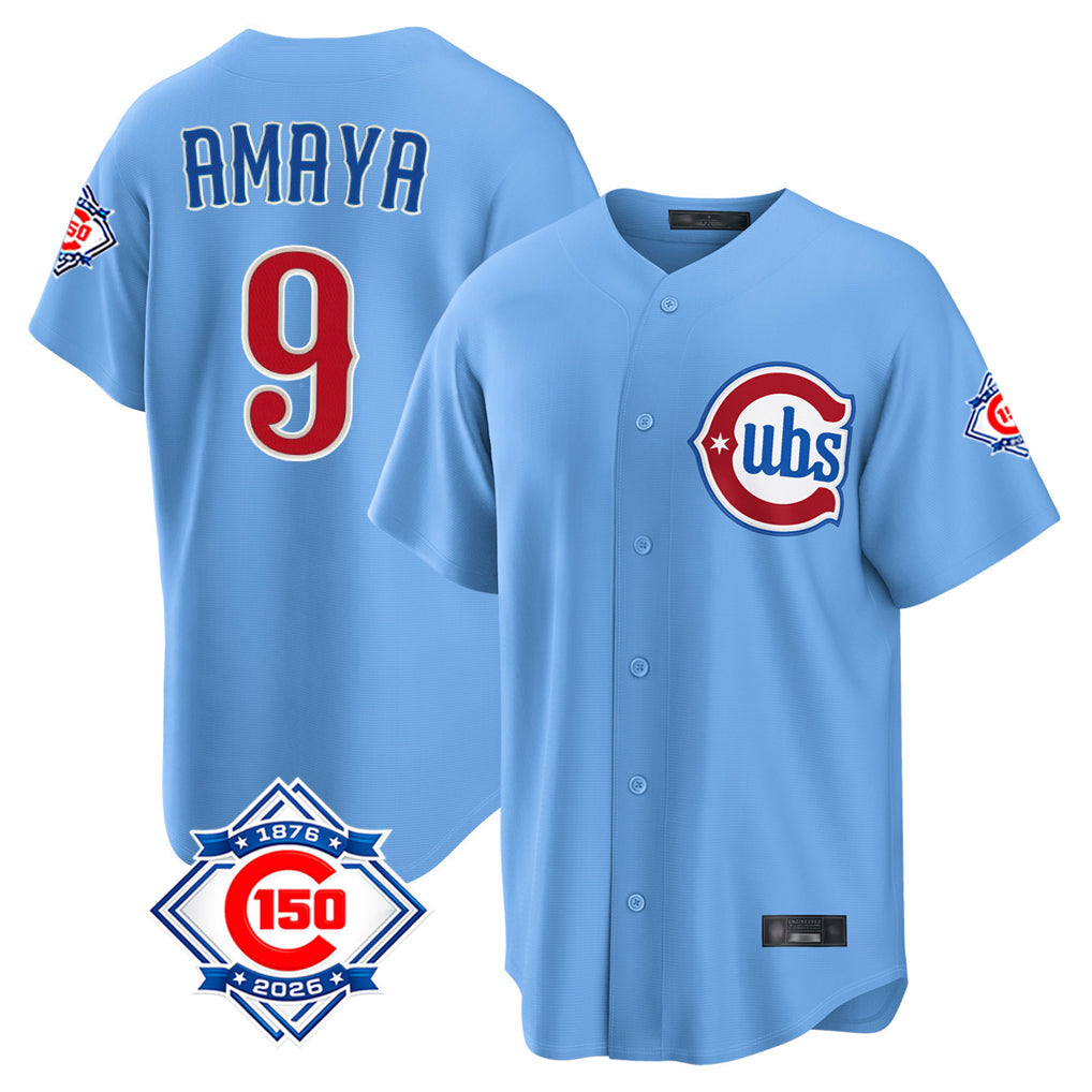 BIPIHUC C.Cubs #9 Miguel Amaya Player Light Blue 150th Anniversary Home Game Stitched Jerseys