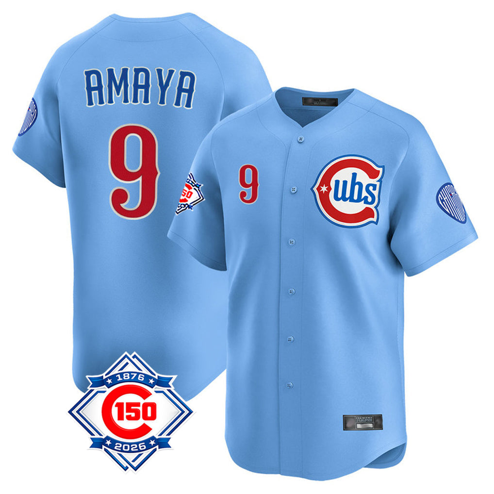 BIPIHUC C.Cubs #9 Miguel Amaya Player Light Blue 150th Anniversary Limited Home Stitched Jerseys