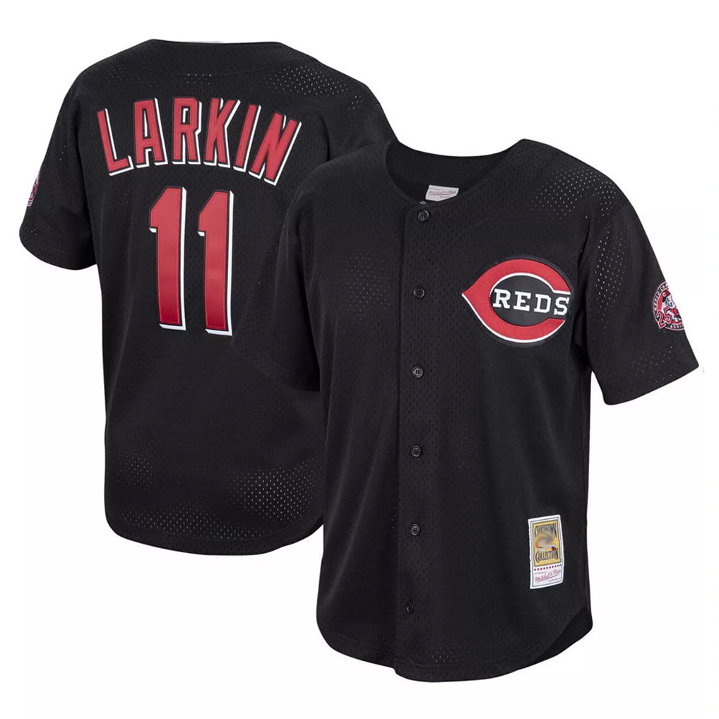 BIPIHUC C.Reds #11 Barry Larkin Player Mitchell & Ness Black Throwback Cooperstown Mesh Game Stitched Jerseys