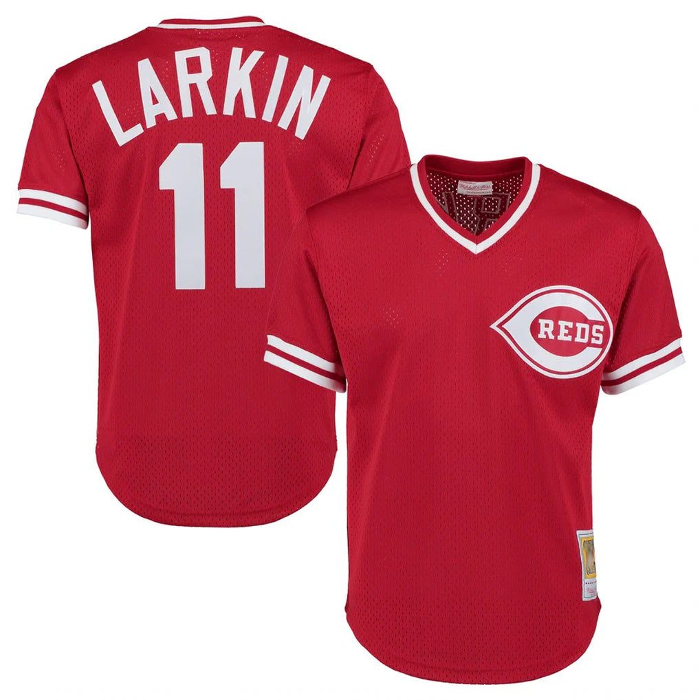 BIPIHUC C.Reds #11 Barry Larkin Player Mitchell & Ness Red Throwback Cooperstown Mesh T-shirt Game Stitched Jerseys