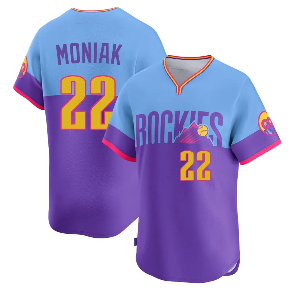 BIPIHUC C.Rockies #22 Mickey Moniak Player Purple-Light Blue City Connect Limited Home T-shirt Stitched Jerseys