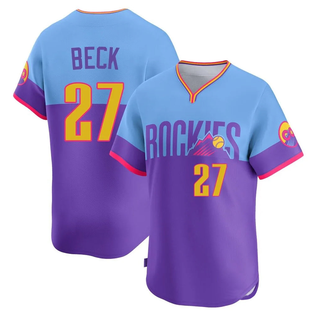 BIPIHUC C.Rockies #27 Jordan Beck Player Purple-Light Blue City Connect Limited Home T-shirt Stitched Jerseys