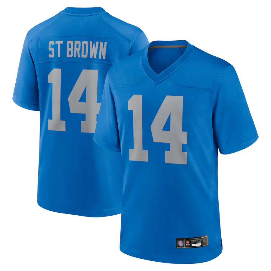 BIPIHUC D.Lions Alternate Game Stitched Jerseys Throwback - Blue - #14 Amon-Ra St. Brown Player