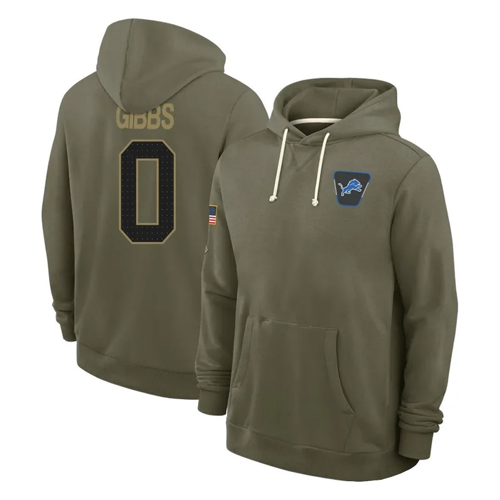 BIPIHUC D.Lions #0 Jahmyr Gibbs Player Olive Salute to Service Pullover Hoodies Limited Stitched Jerseys