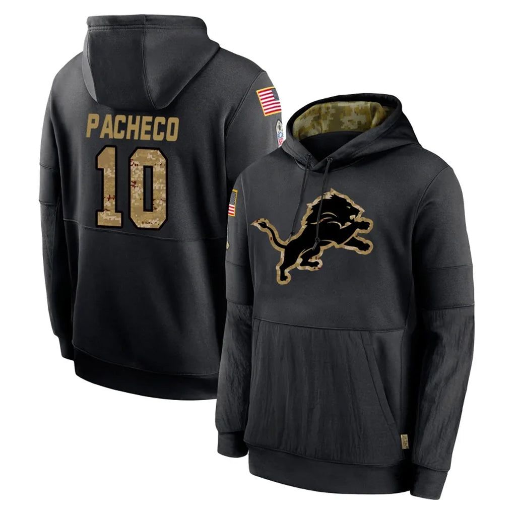 BIPIHUC D.Lions #10 Isiah Pacheco Player Black Salute to Service Hoodies Limited Game Stitched Jerseys
