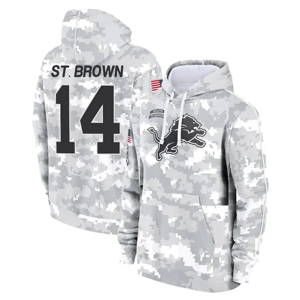 BIPIHUC D.Lions #14 Amon-Ra St. Brown Player Arctic Camo Salute to Service Hoodies Limited Game Stitched Jerseys