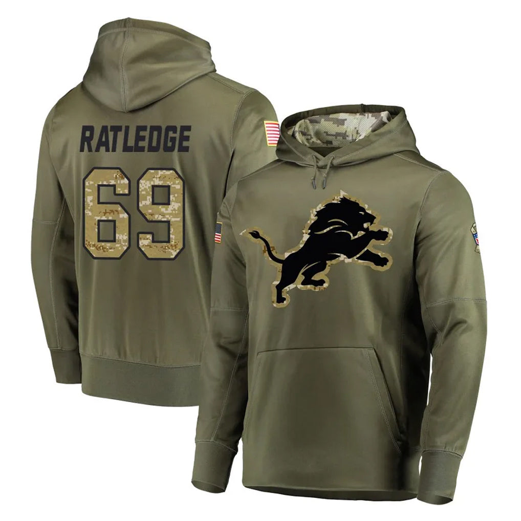 BIPIHUC D.Lions #69 Tate Ratledge Player Olive Salute to Service Pullover Hoodies Home Game Stitched Jerseys