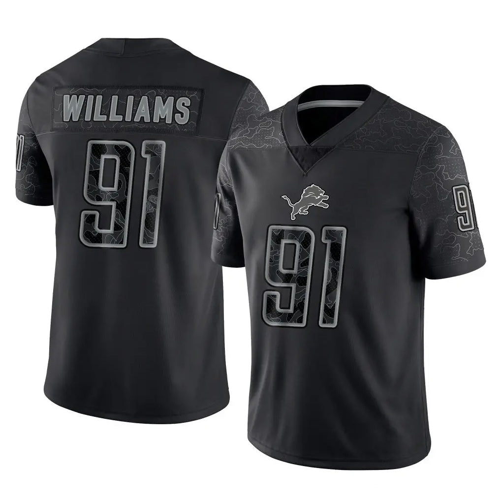 BIPIHUC D.Lions #91 Tyleik Williams Player Black Reflective Limited Home Game Stitched Jerseys