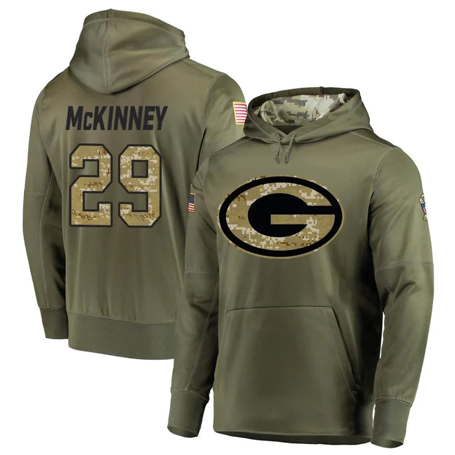 BIPIHUC GB.Packers #29 Xavier McKinney Player Olive Salute to Service Pullover Hoodie Game Stitched Jerseys