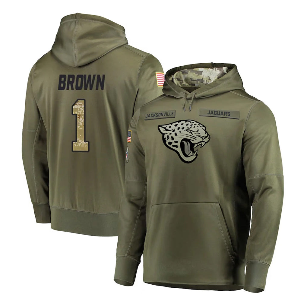 BIPIHUC J.Jaguars #1 Montaric Brown Player Olive Salute to Service Pullover Hoodies Home Game Stitched Jerseys