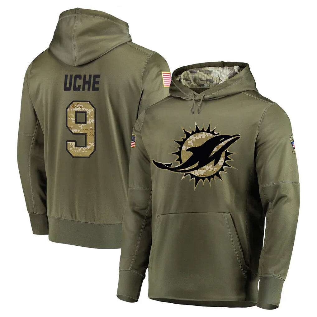 BIPIHUC M.Dolphins #9 Joshua Uche Player Olive Salute to Service Pullover Hoodies Home Game Stitched Jerseys
