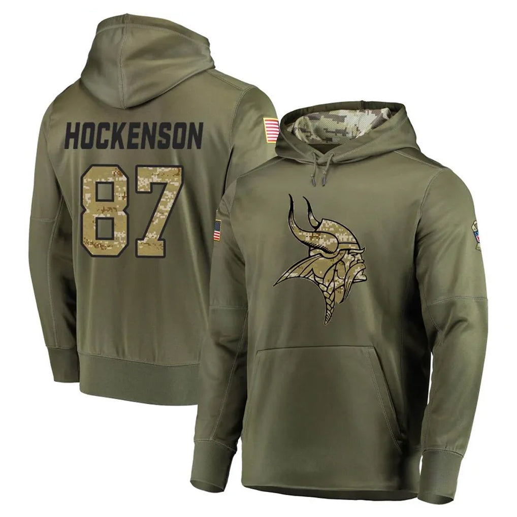 BIPIHUC MN.Vikings #87 T.J. Hockenson Player Olive Salute to Service Pullover Hoodies Home Game Stitched Jerseys