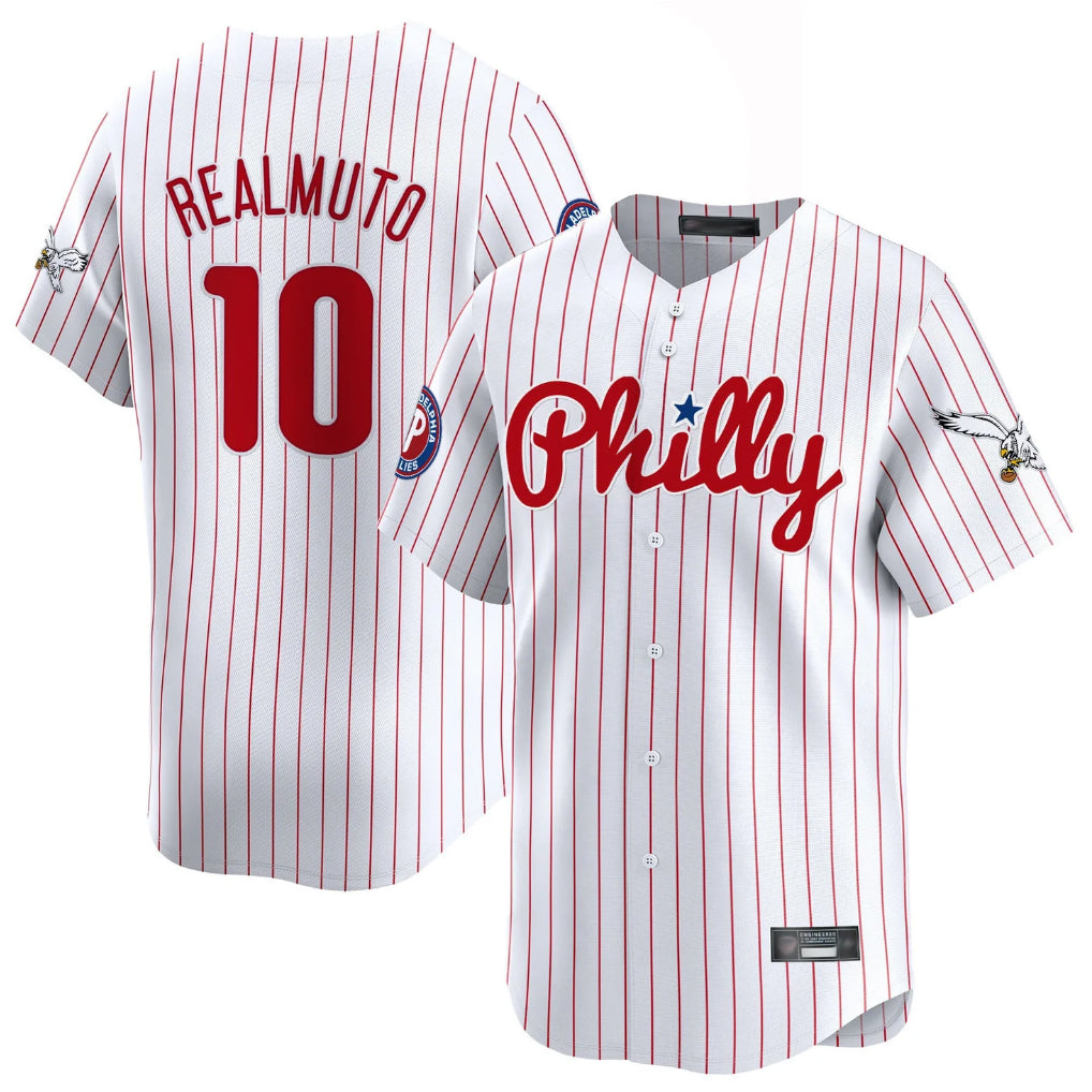 BIPIHUC P.Phillies #10 J.T. Realmuto Player White Pinstripe Phillies & Eagles Vapor Premier Limited Stitched Jerseys