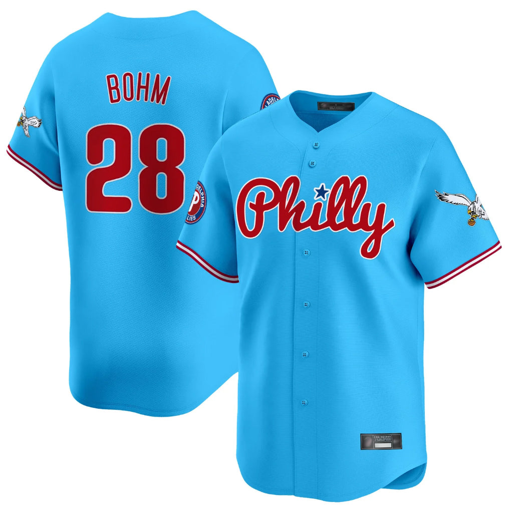 BIPIHUC P.Phillies #28 Alec Bohm Player Light Blue Phillies & Eagles Vapor Premier Limited Home Stitched Jerseys