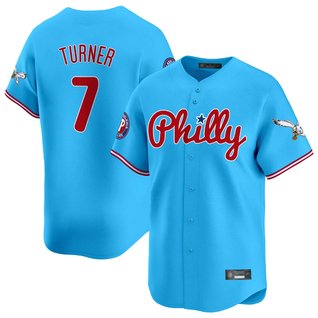 BIPIHUC P.Phillies #7 Trea Turner Player Light Blue Phillies & Eagles Vapor Premier Limited Stitched Jerseys
