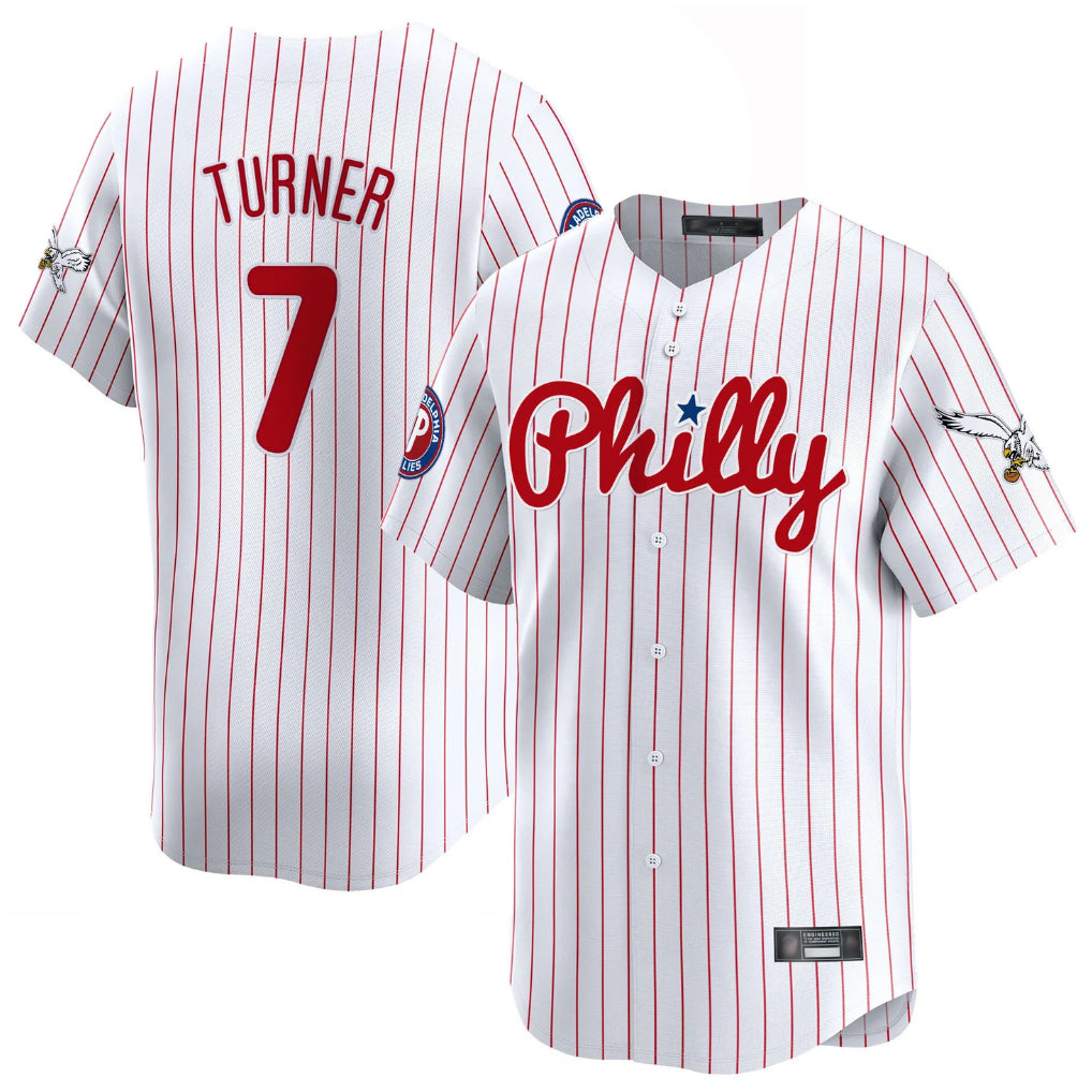 BIPIHUC P.Phillies #7 Trea Turner Player White Pinstripe Phillies & Eagles Vapor Premier Limited Stitched Jerseys