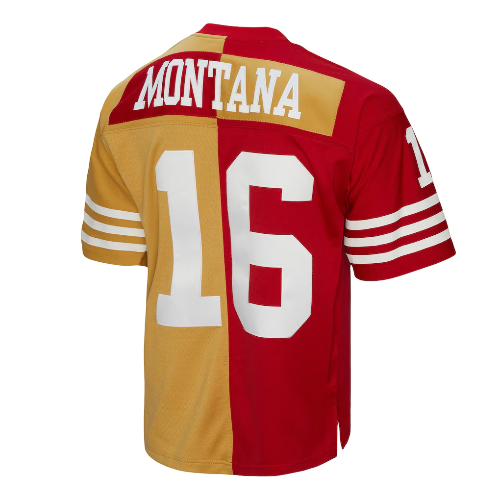 BIPIHUC SF.49ers #16 Joe Montana Mitchell & Ness ScarletGold 1990 Split Legacy Replica Jersey