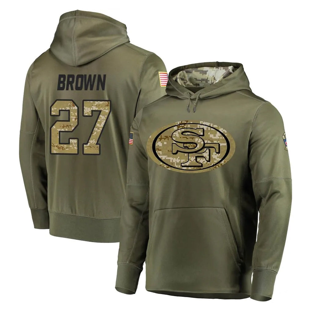 BIPIHUC SF.49ers #27 Ji'Ayir Brown Player Olive Salute to Service Pullover Hoodie Home Game Stitched Jerseys
