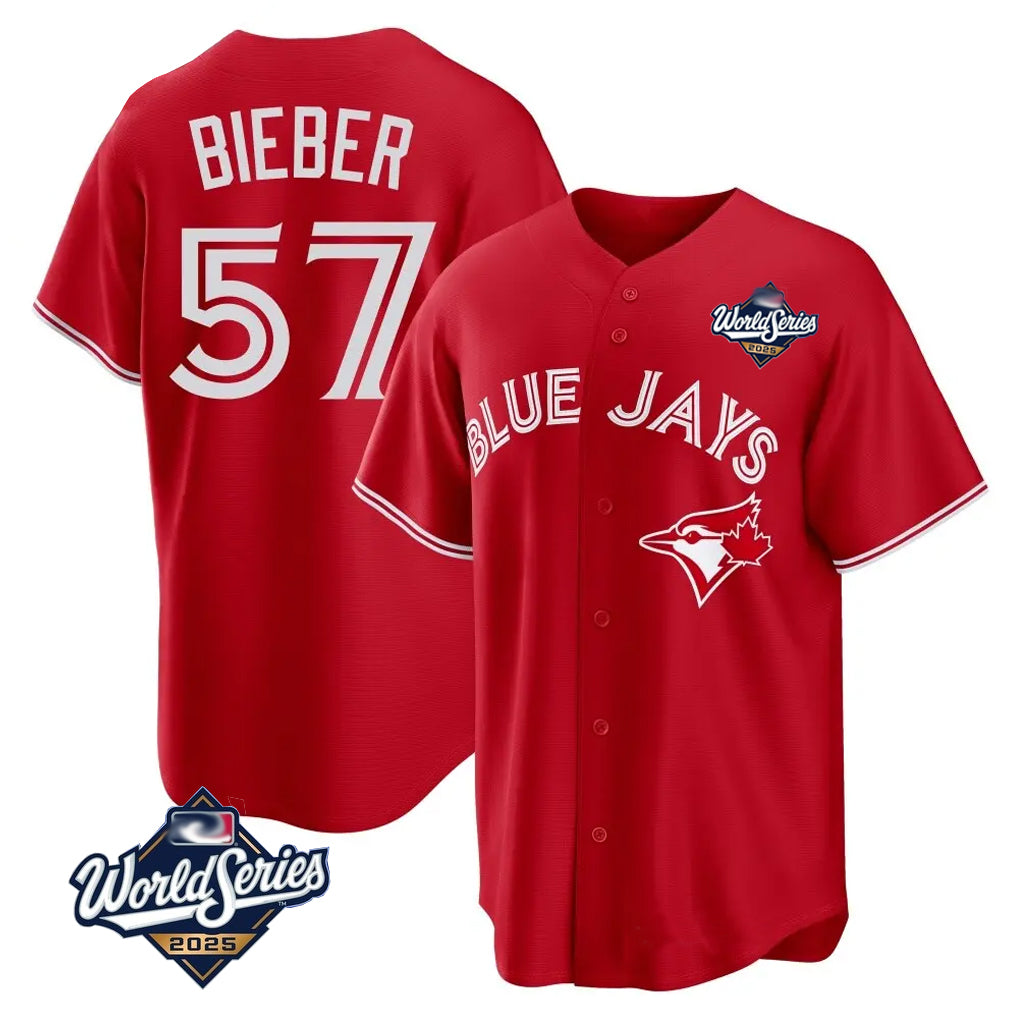 BIPIHUC T.Blue Jays #57 Shane Bieber Player Red 2025 World Series All Stitched Jerseys